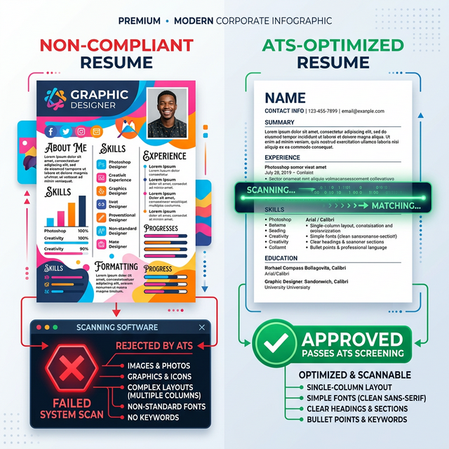 Infographic comparing ATS-compliant vs non-compliant resume formatting