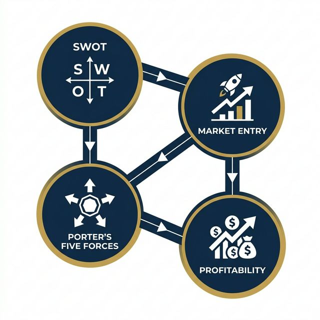 Four core consulting frameworks: SWOT, Porter's Five Forces, Profitability, Market Entry