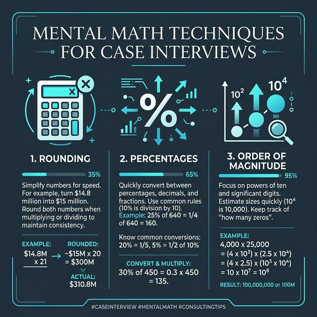 Mental math techniques for case interviews: rounding, percentages, order of magnitude