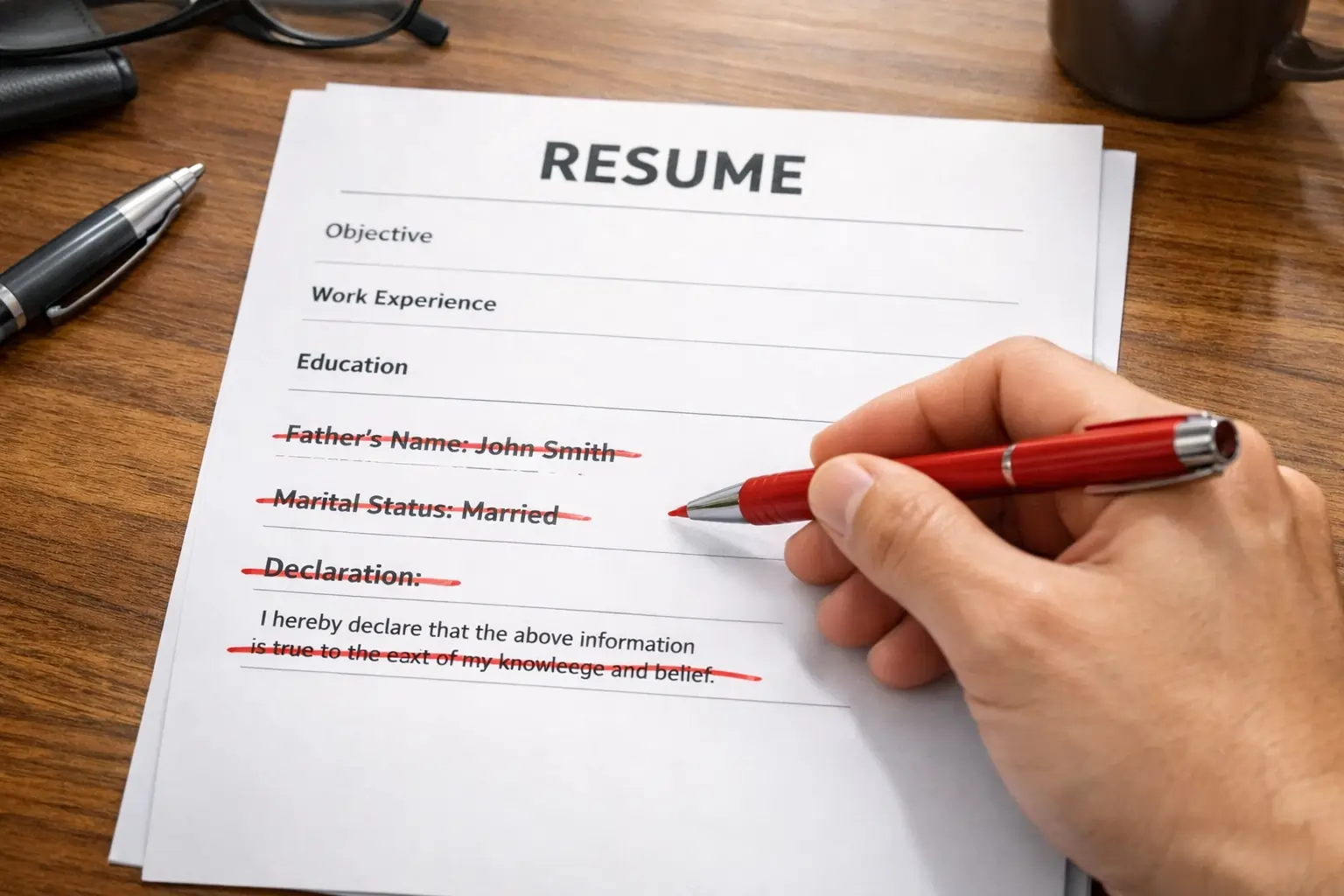 Red pen crossing out outdated resume mistakes like father's name and declaration