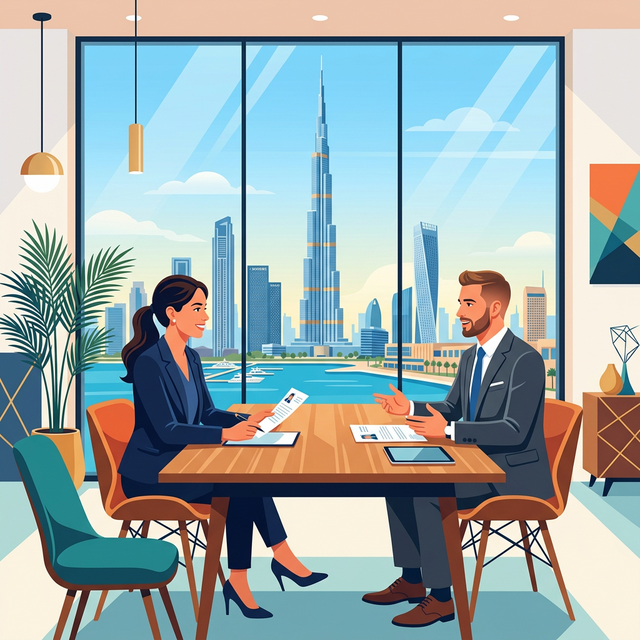 A professional job interview taking place in a modern corporate office in Dubai with the Burj Khalifa in the background