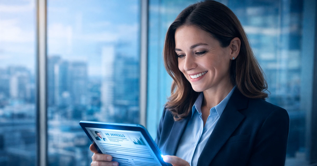 Recruiter reviewing a digital portfolio with high interest