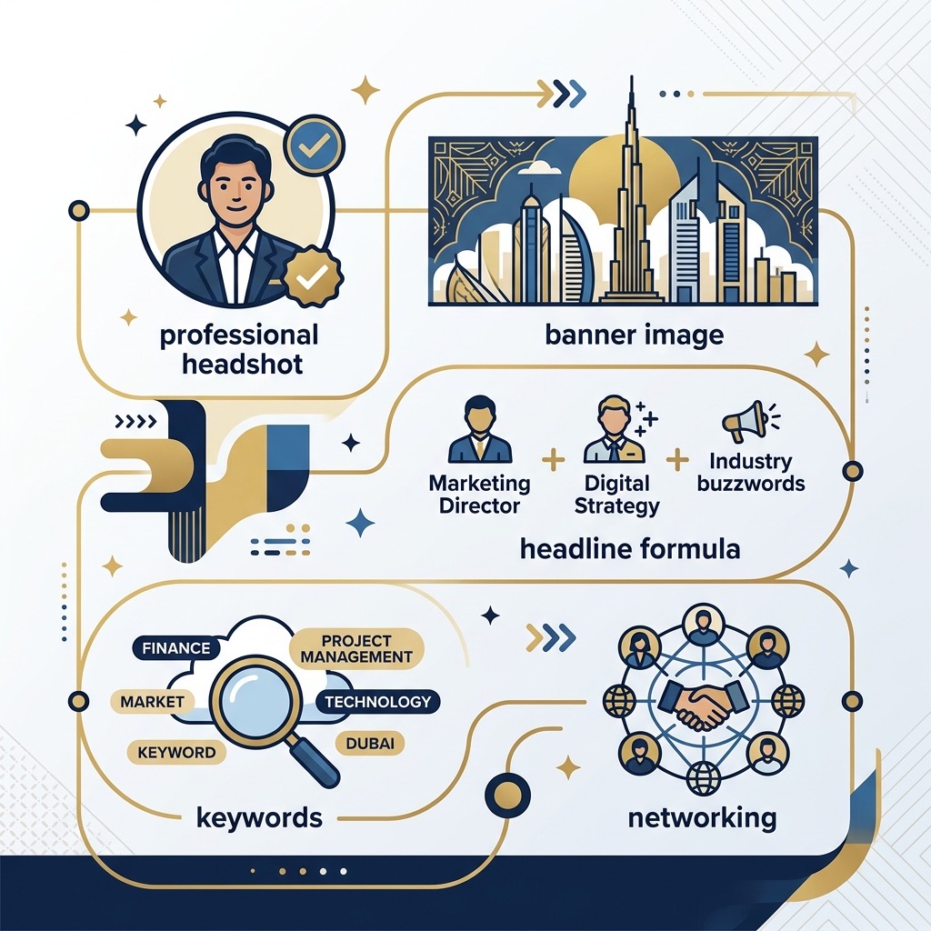LinkedIn profile optimization checklist for UAE professionals showing headshot, banner, headline formula, keywords, and networking tips
