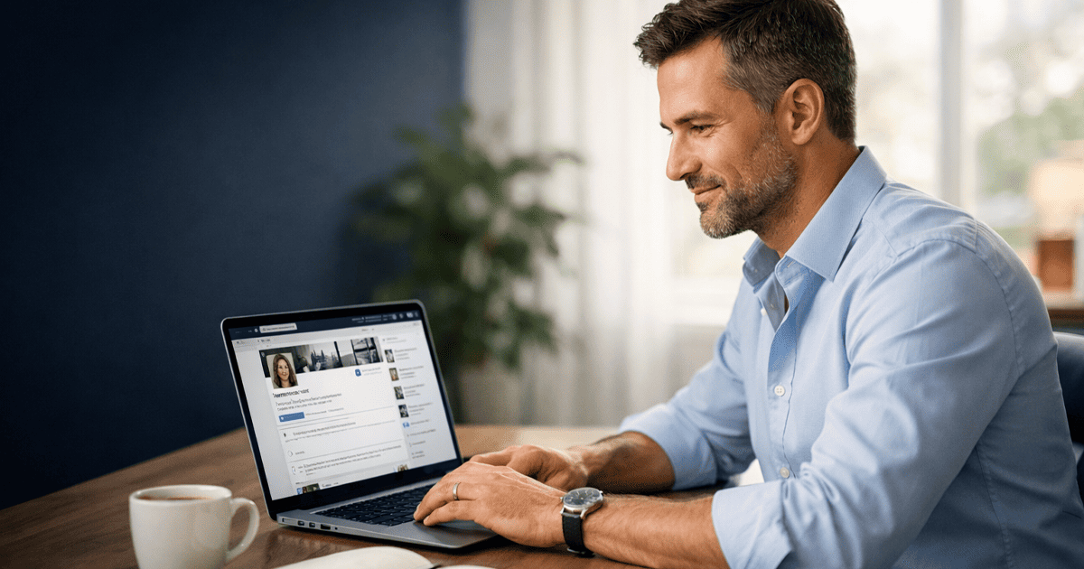A professional job seeker optimising their LinkedIn profile on a laptop to improve visibility to recruiters in 2026