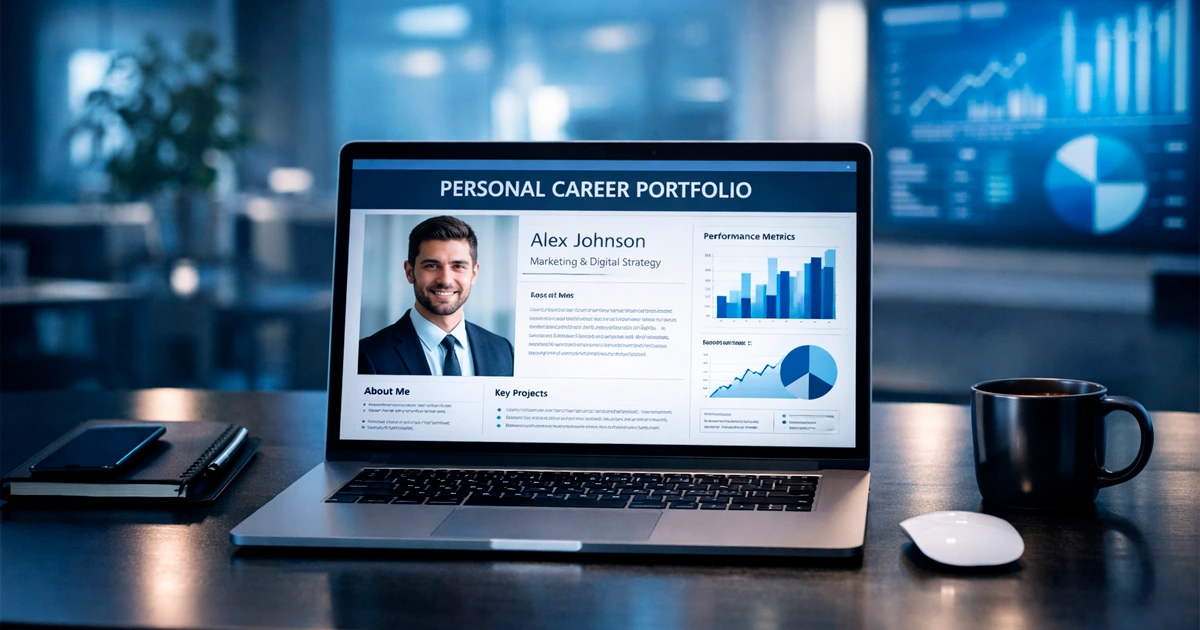 Professional digital portfolio displayed on laptop and mobile