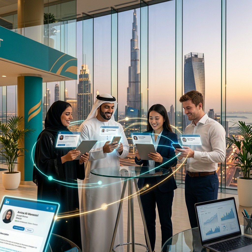 Diverse professionals networking digitally in a modern Dubai office with LinkedIn connection lines