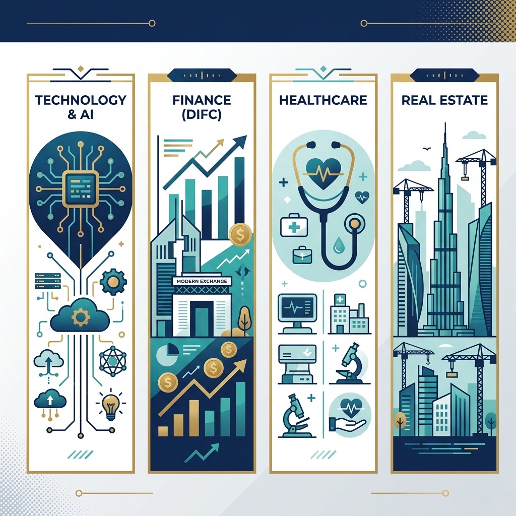 Four key UAE industry sectors for LinkedIn optimization: Technology and AI, Finance DIFC, Healthcare, and Real Estate