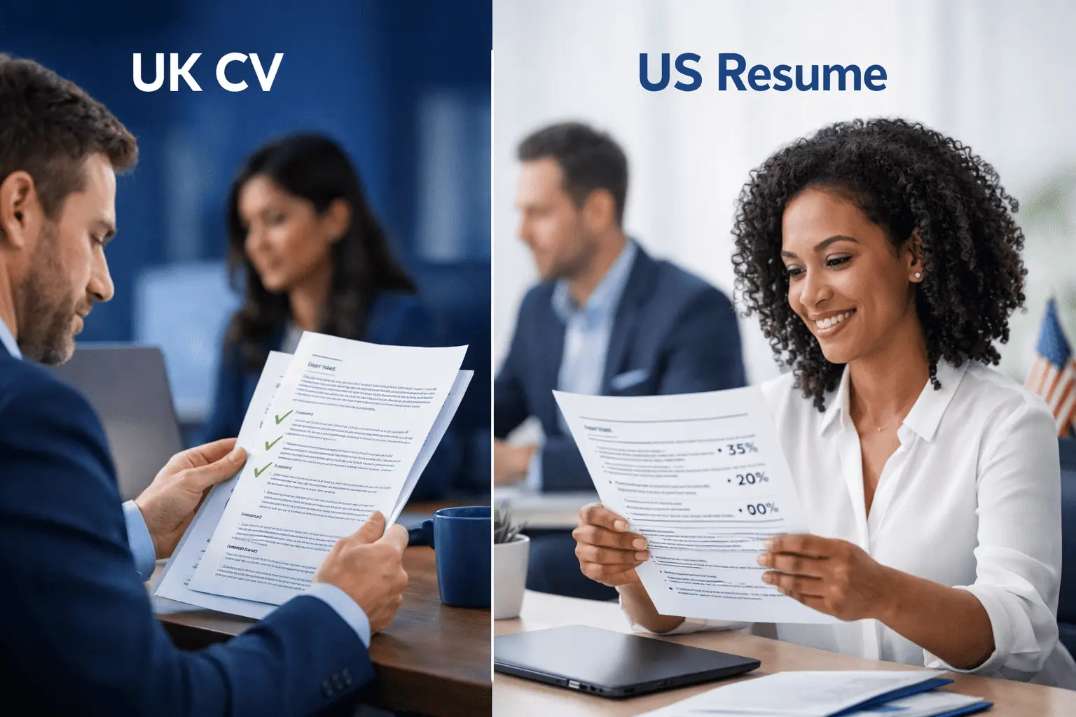 Comparison of UK CV format vs US Resume format with professional examples