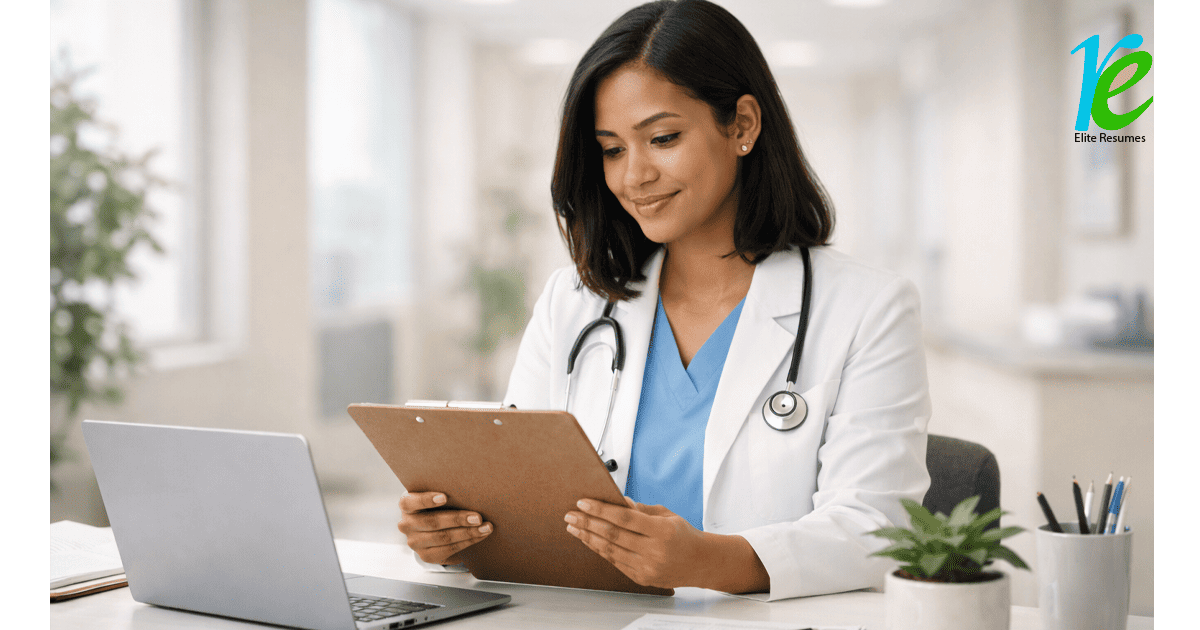 Entry-level healthcare professional reviewing their resume — healthcare resume writing guide 2026