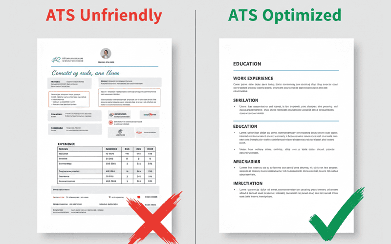 Comparison of ATS unfriendly resume with complex formatting versus ATS optimized resume with clean format