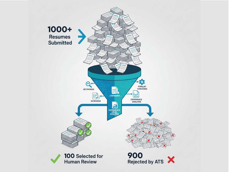 ATS Applicant Tracking System scanning and filtering resume process showing how 1000 plus resumes get filtered