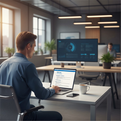 Experienced IT professional reviewing resume on laptop showing career achievements and technical skills