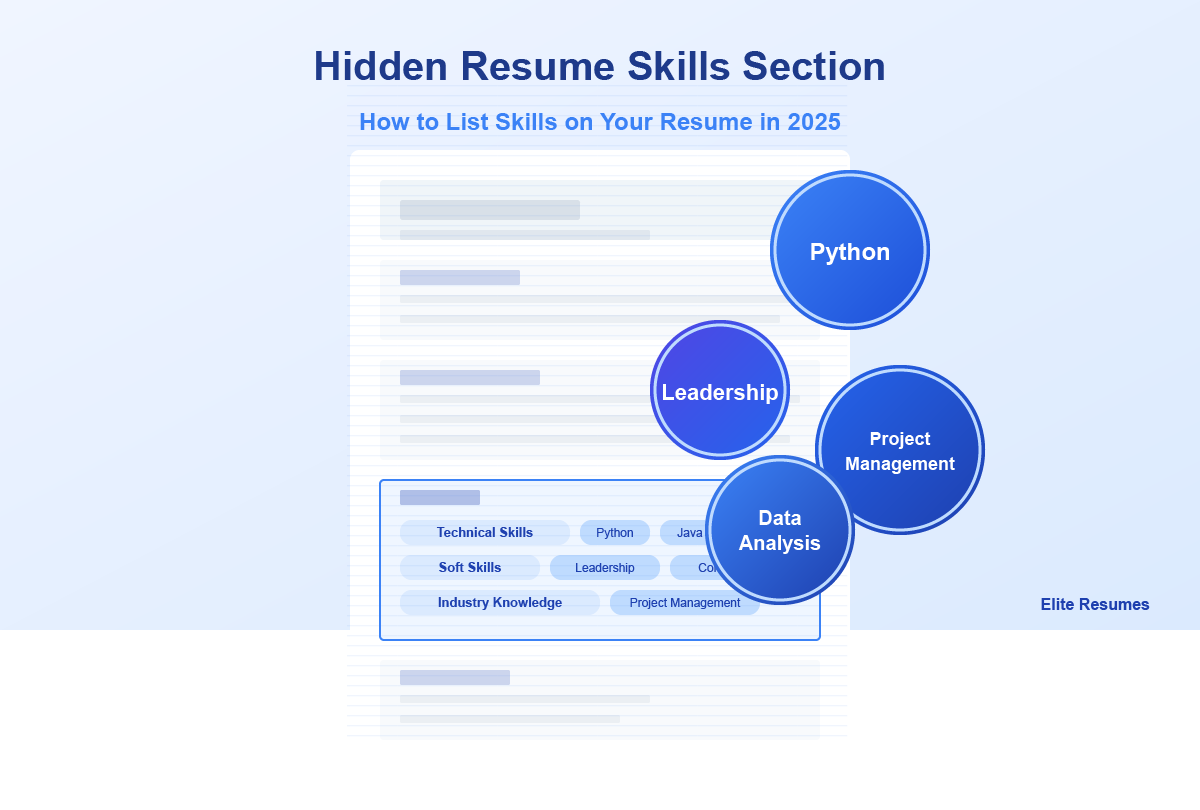 Resume skills section infographic showing technical skills like Python, Leadership, Project Management, and Data Analysis with strategic placement guide