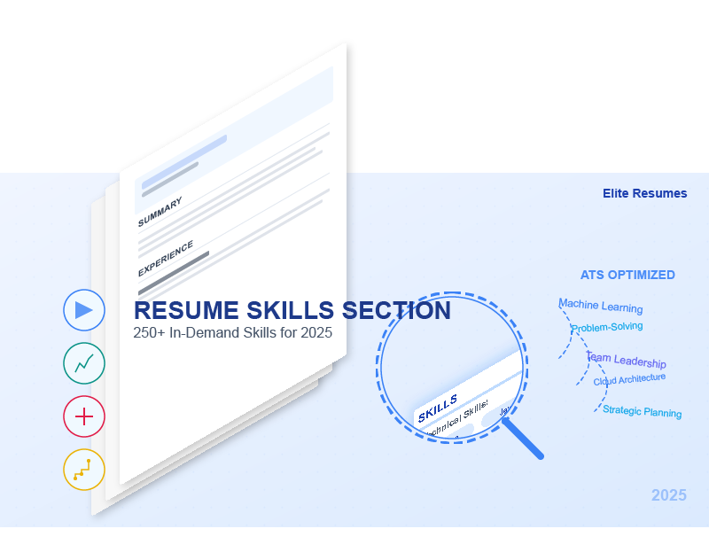 Elite Resumes illustration of a resume skills section showing a side view of a resume stack with a magnifying glass highlighting the skills section. The image displays various skill categories including technical skills, soft skills, and industry knowledge organized as tags.